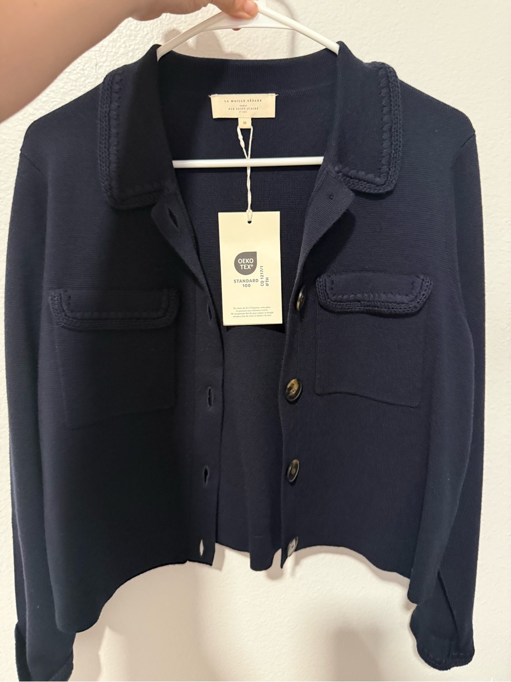 Sezane Navy Button-Front Knit Jacket